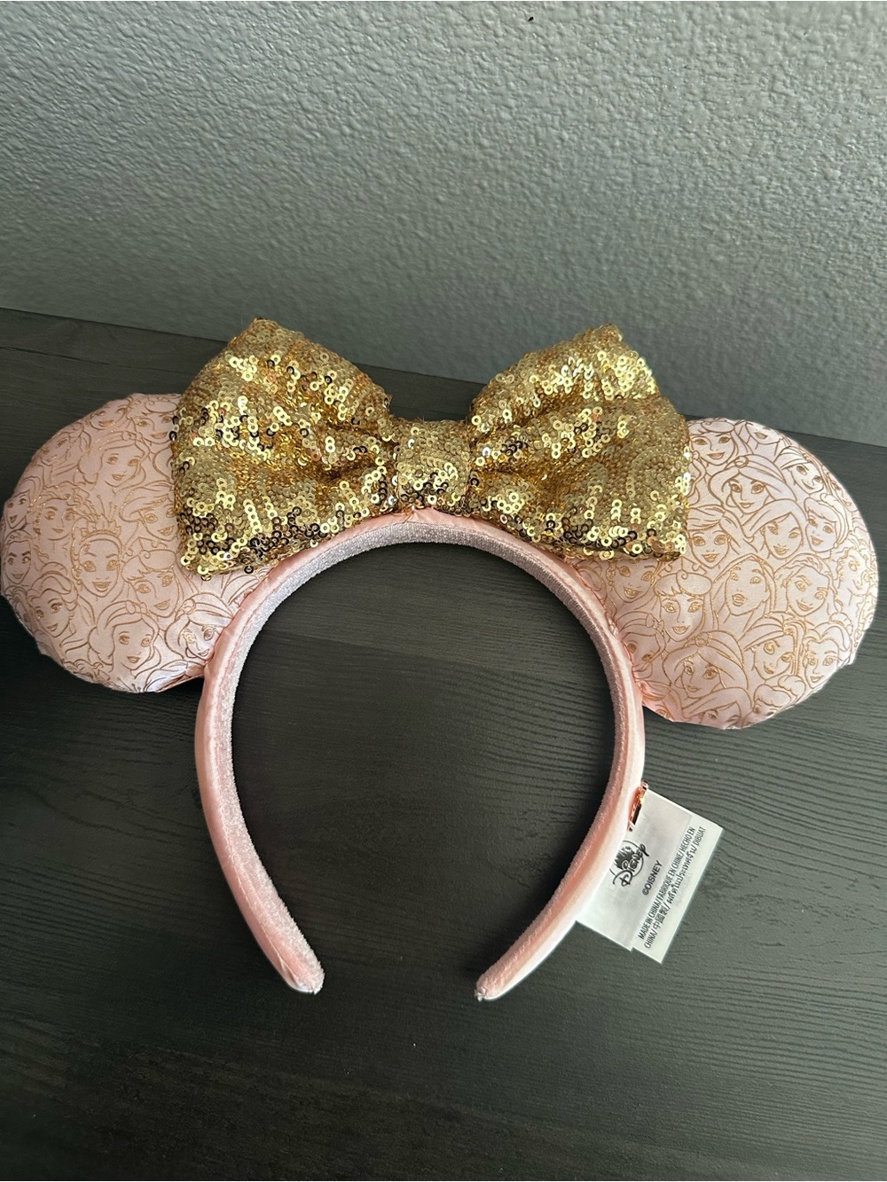 Disney Parks Pink Princess Ears Headband with Gold Heart Charm and Sequin Bow.